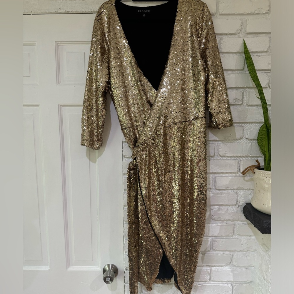 Eloquii gold sequin wrap dress with side tie size 18V